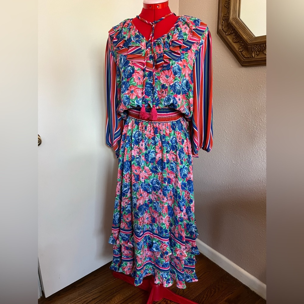 VTG Diane Freis Georgette Floral Stripe Dress